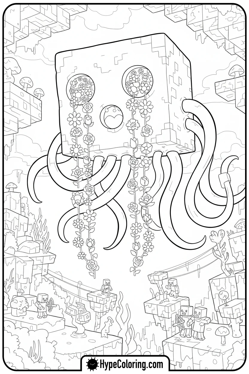 ghast-crying-flowers - minecraft coloring pages
