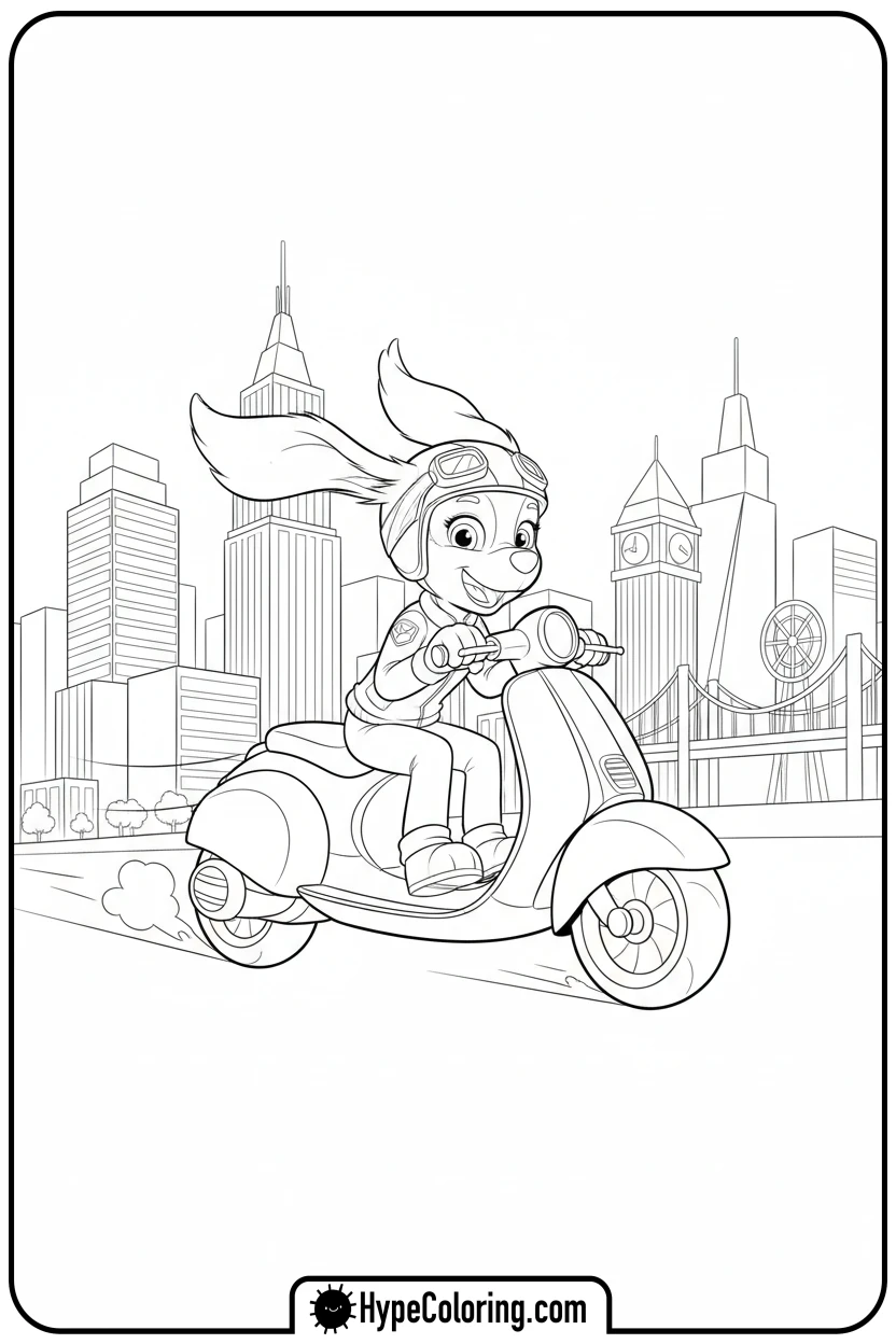 liberty-on-scooter-in-city - paw patrol coloring pages