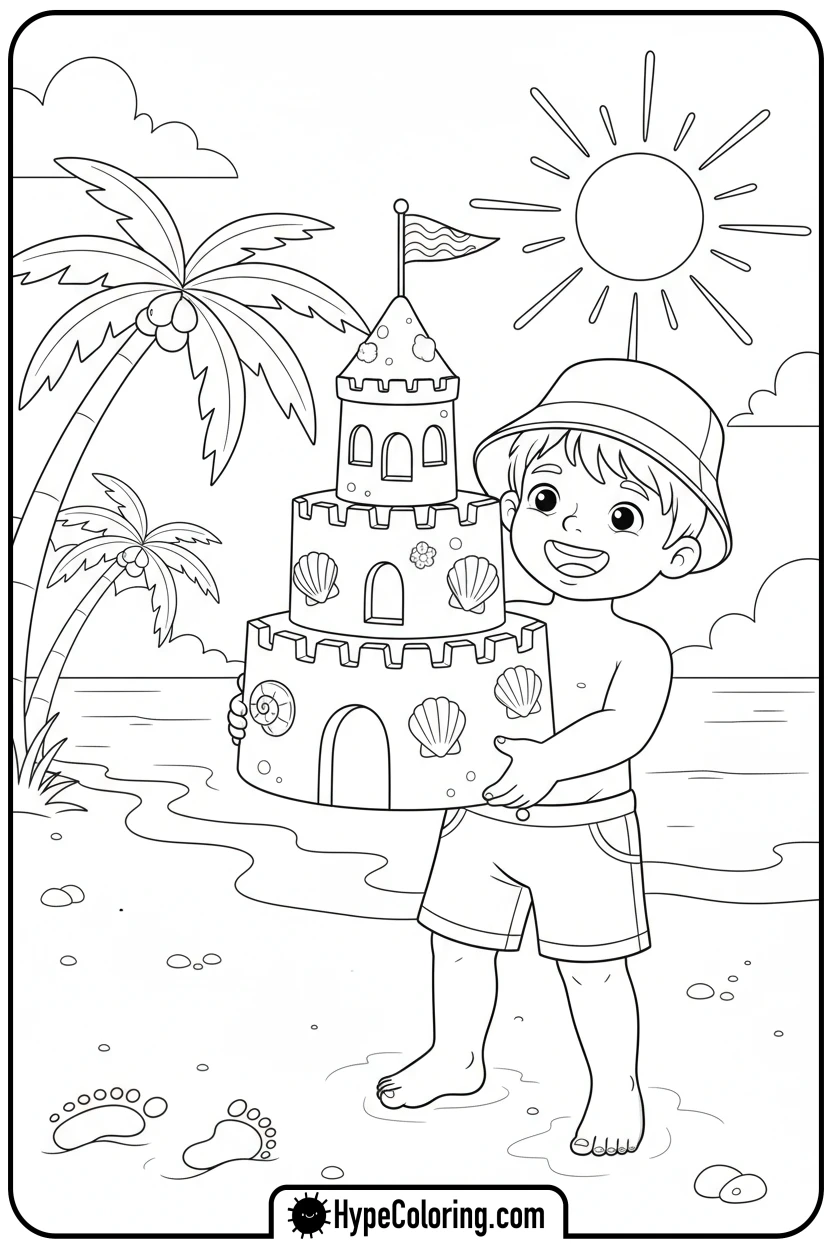 child-with-sandcastle-on-beach - summer coloring pages