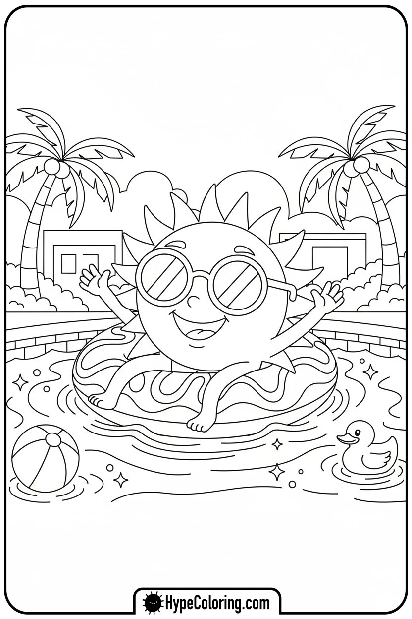 sun-floating-in-pool - summer coloring pages
