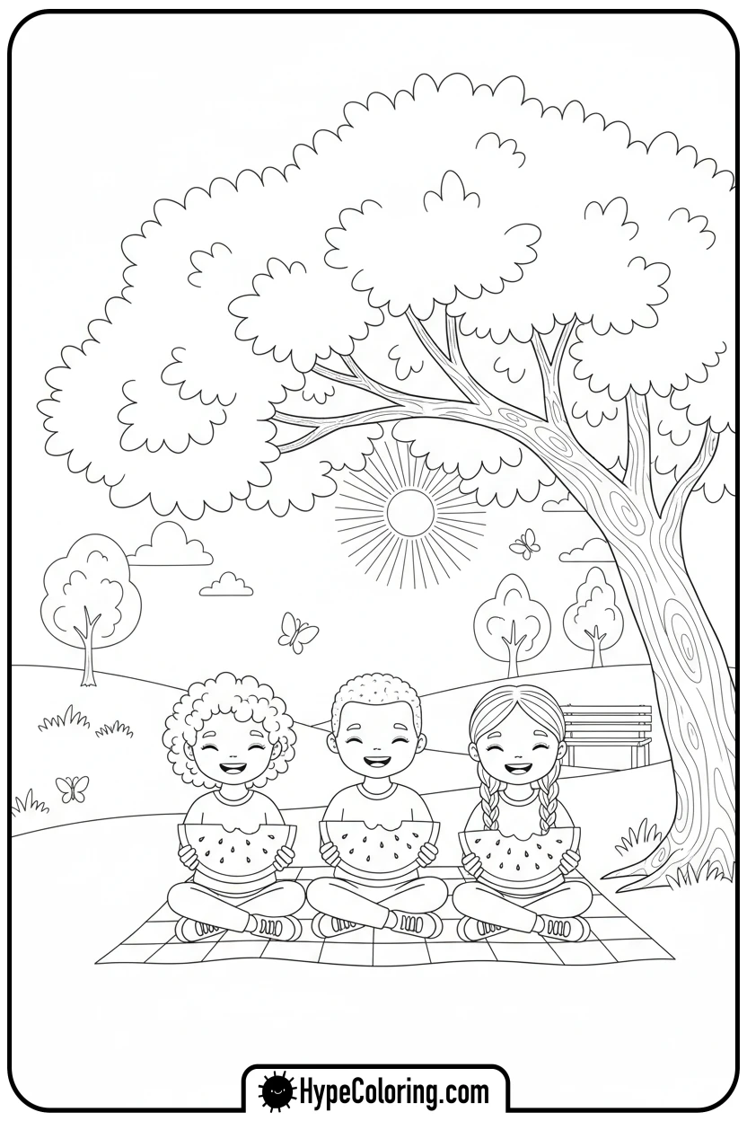 kids-eating-watermelon-in-park - summer coloring pages