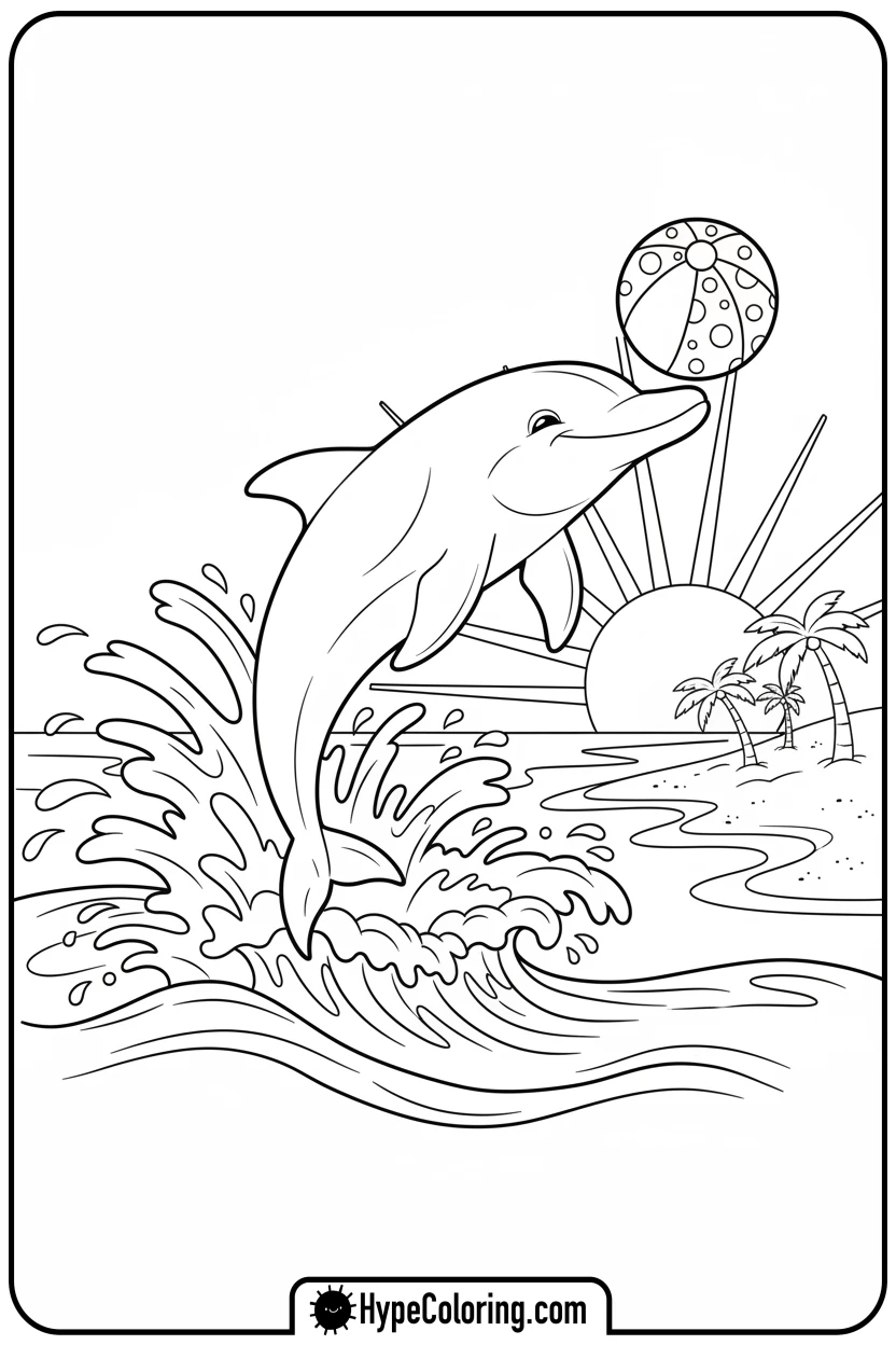 dolphin-playing-with-beach-ball - summer coloring pages