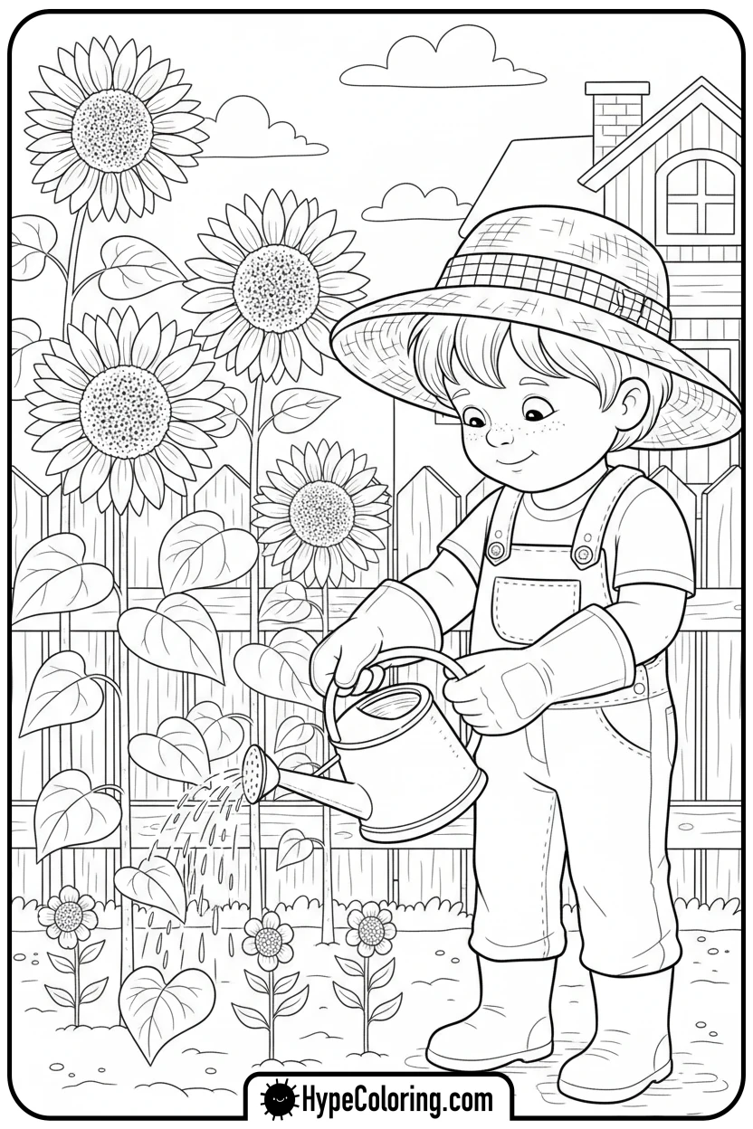 child-watering-sunflowers - summer coloring pages