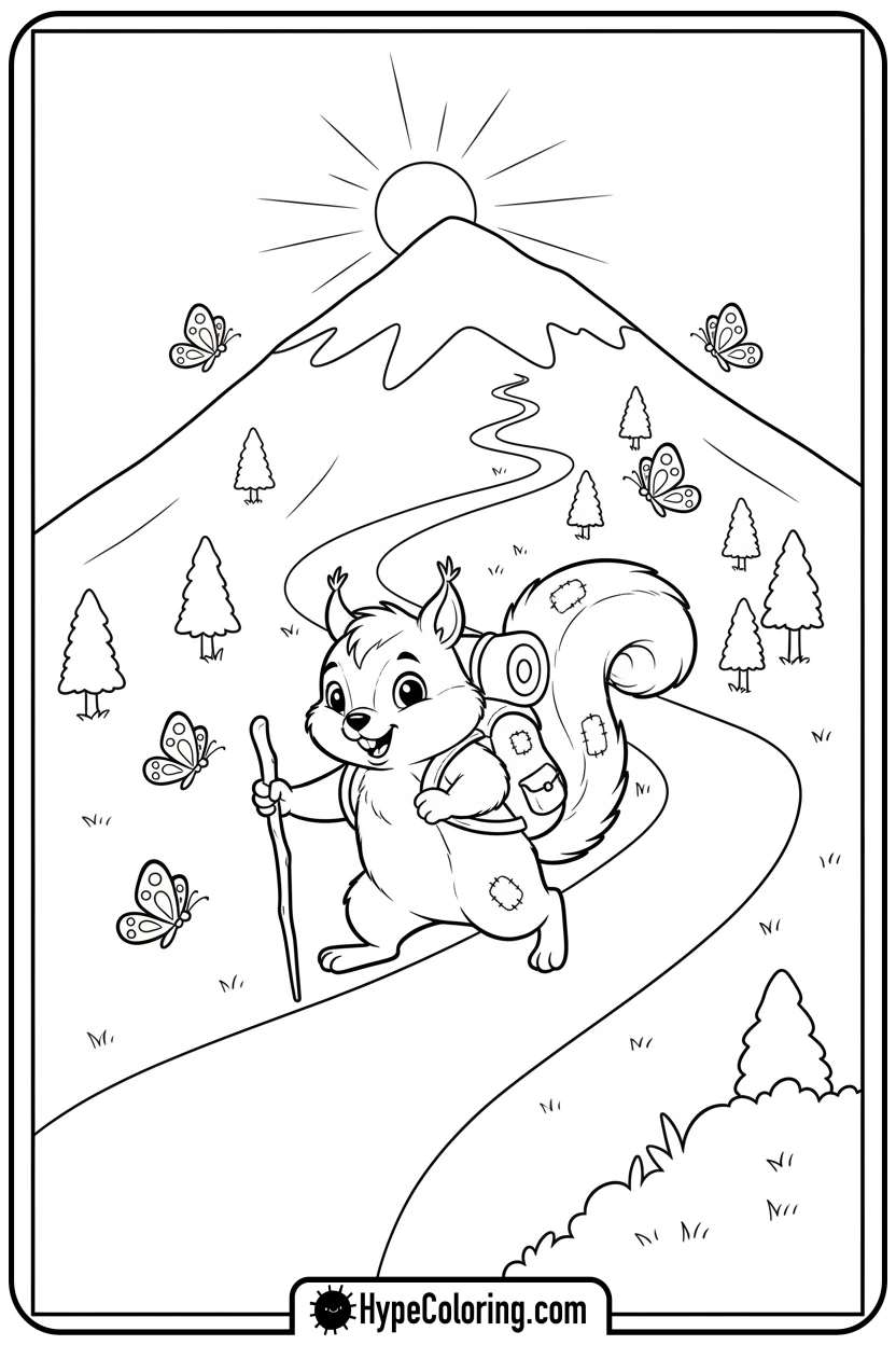 squirrel-hiking-on-trail - summer coloring pages