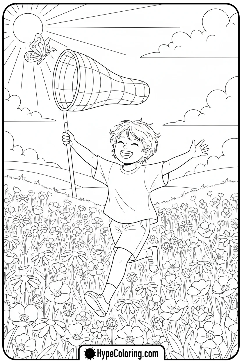child-catching-butterfly - summer coloring pages