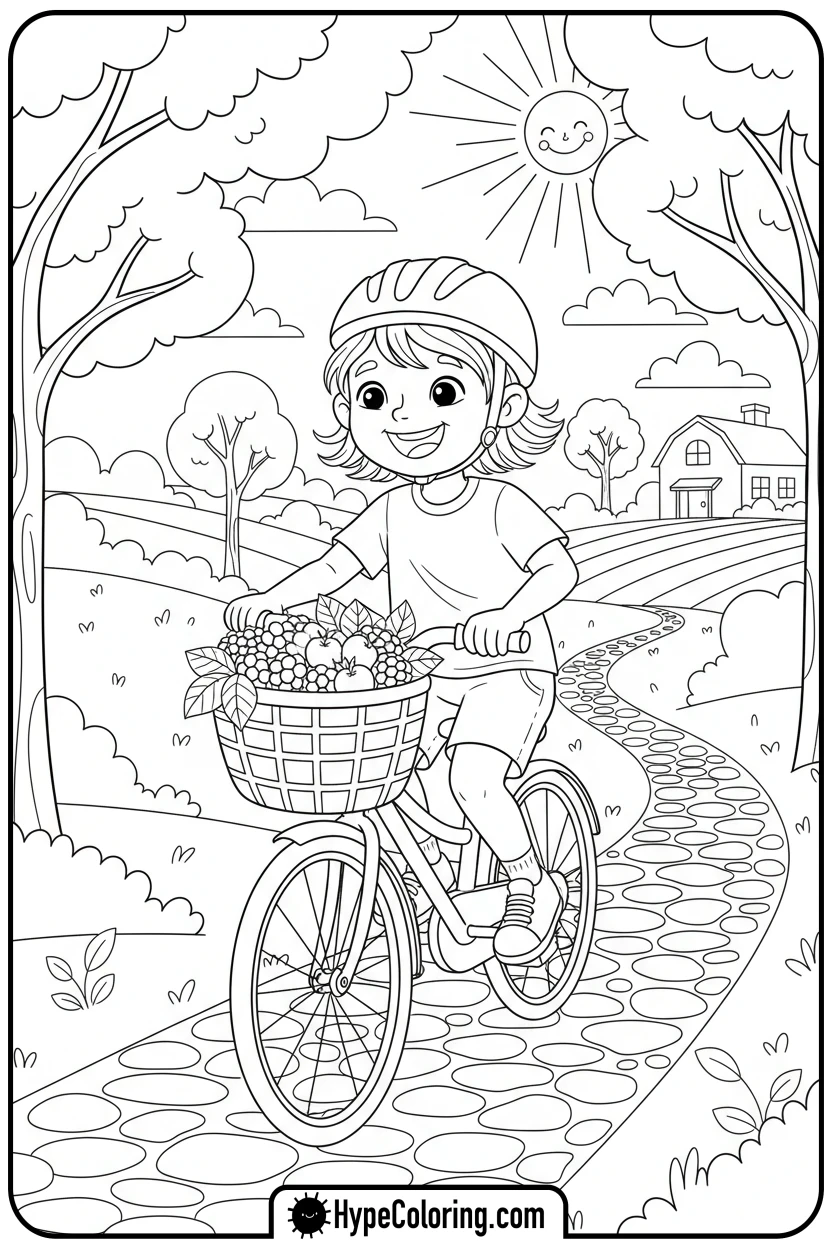 child-cycling-with-berries - summer coloring pages