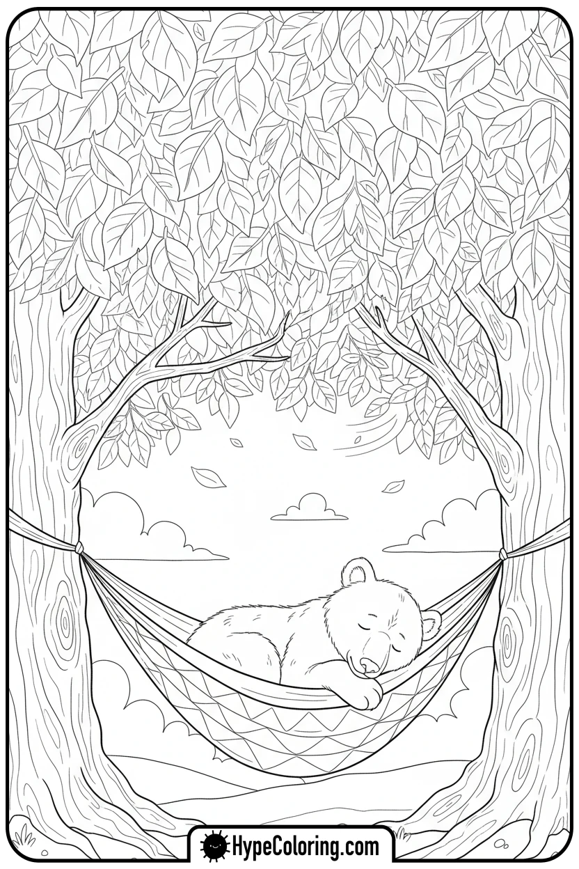 bear-cub-sleeping-in-hammock - summer coloring pages