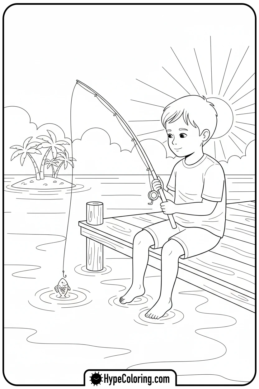 child-fishing-from-dock - summer coloring pages
