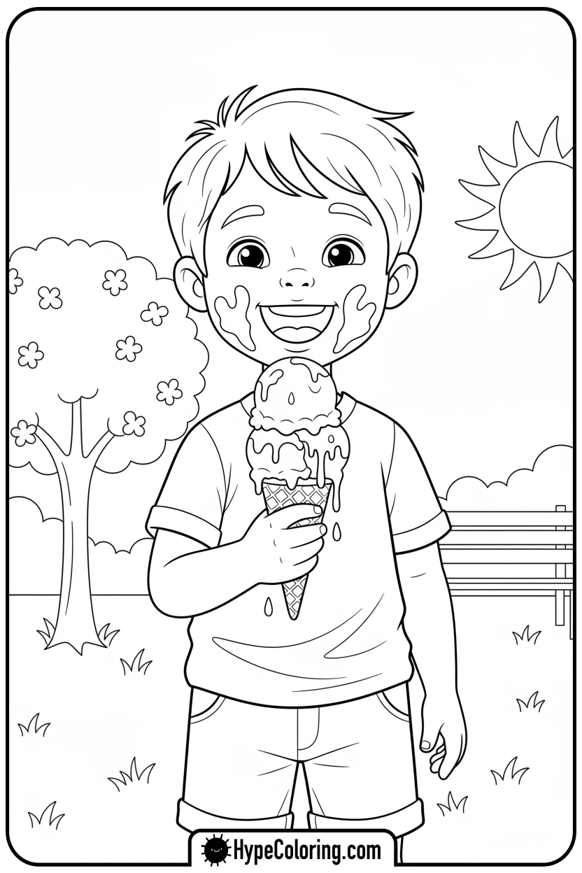 child-eating-melting-ice-cream - summer coloring pages