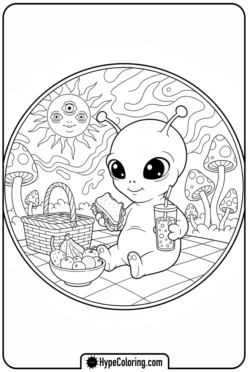 alien-having-summer-picnic - summer coloring pages