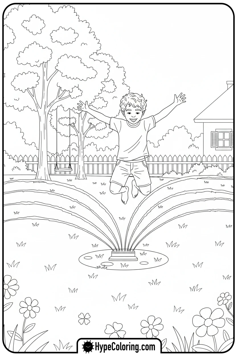 child-playing-in-sprinkler - summer coloring pages