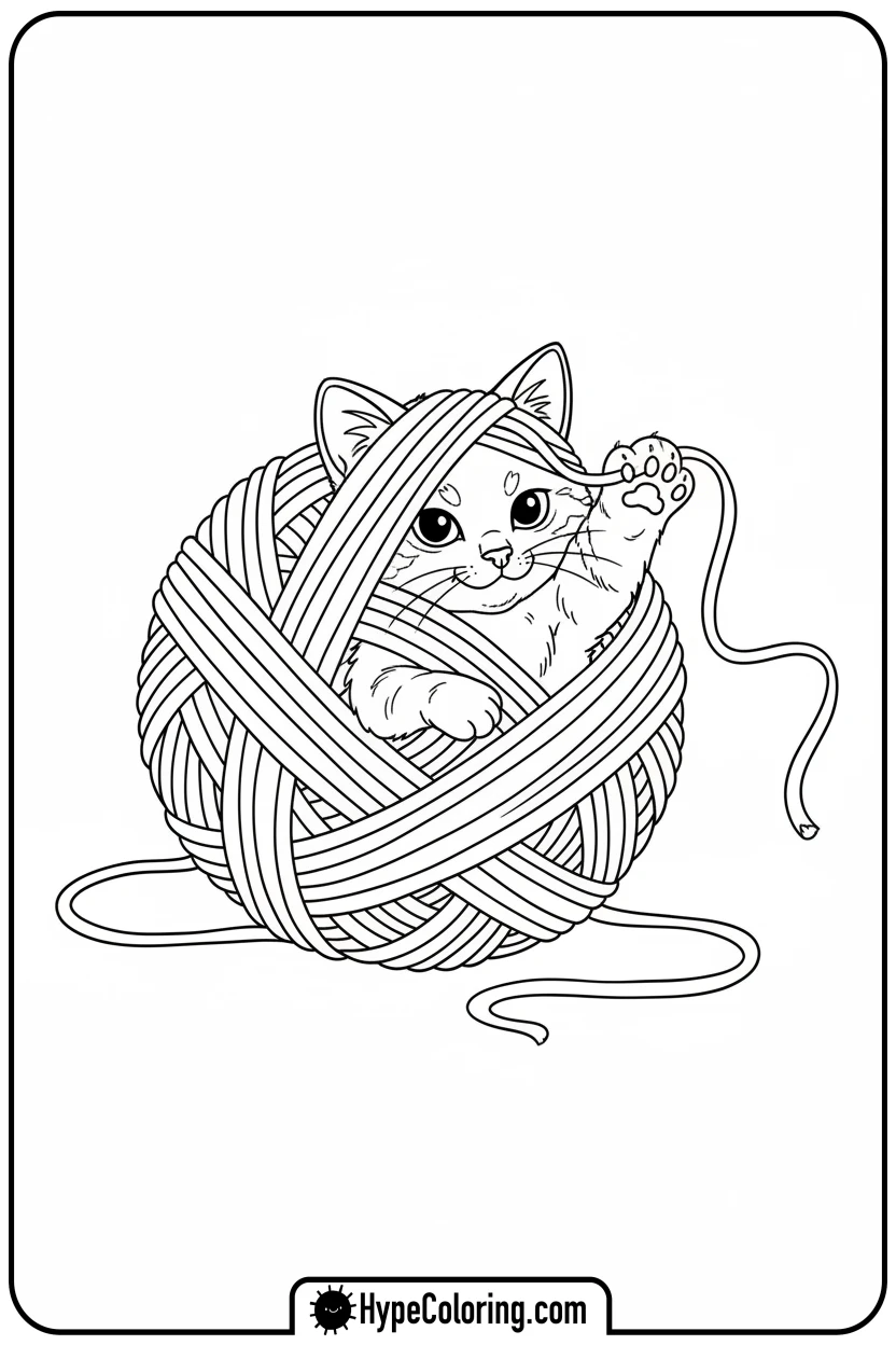 Click to download PDF kitten-tangled-in-yarn - cat coloring pages