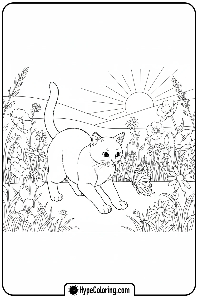 Click to download PDF cat-watching-a-butterfly - cat coloring pages