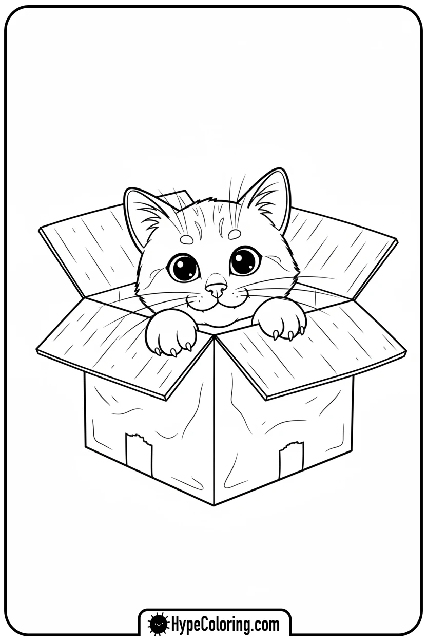 Click to download PDF cat-peeking-from-box - cat coloring pages