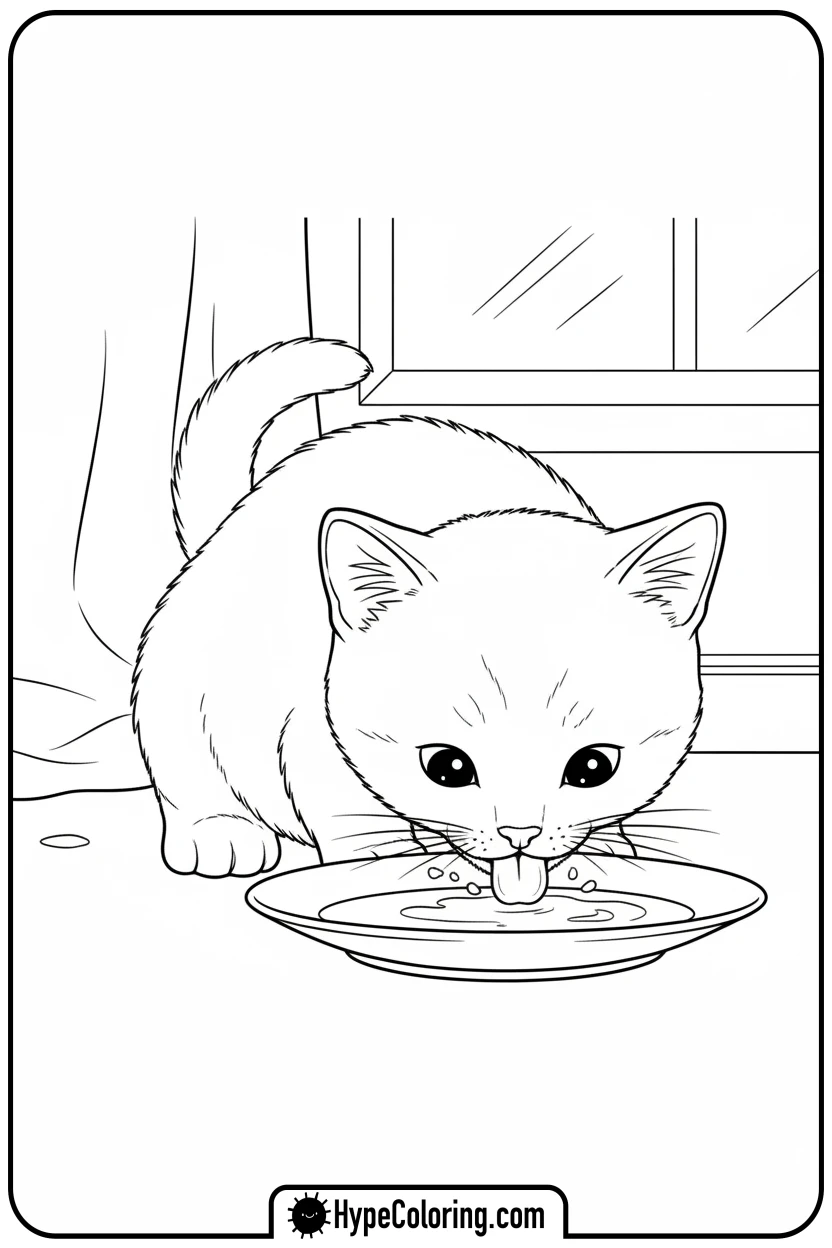 Click to download PDF kitten-drinking-milk - cat coloring pages