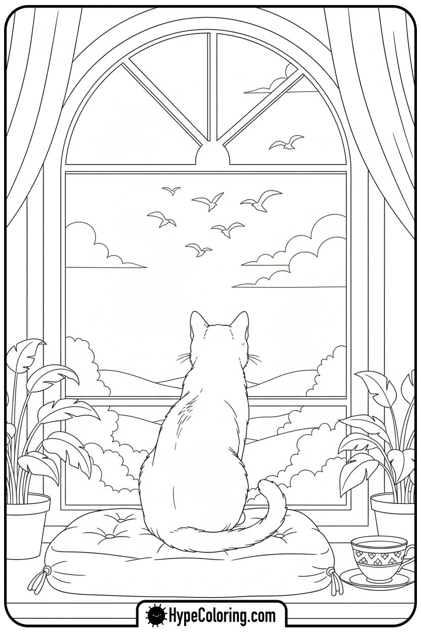 Click to download PDF cat-on-windowsill - cat coloring pages