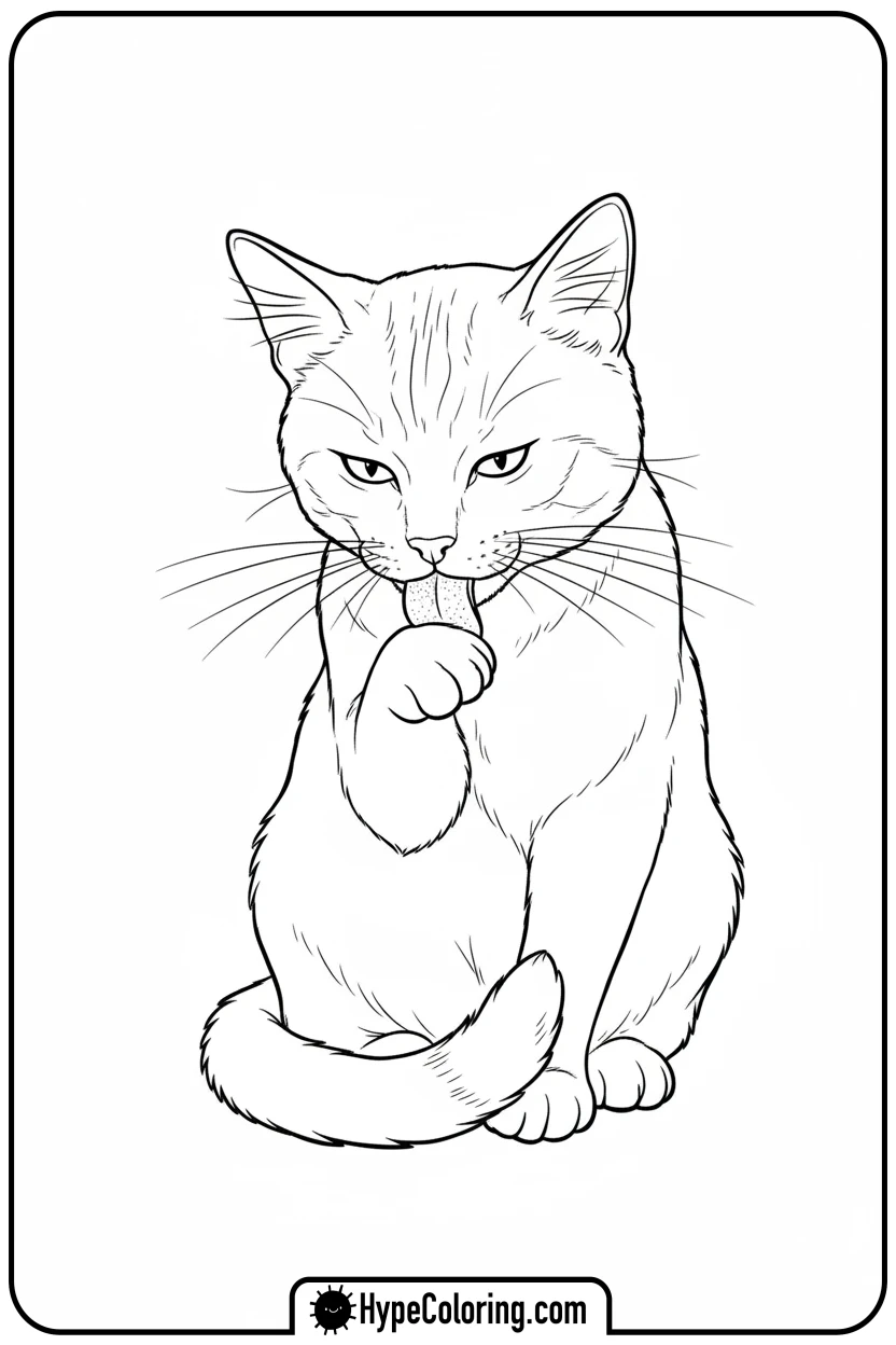 Click to download PDF cat-grooming-its-paw - cat coloring pages