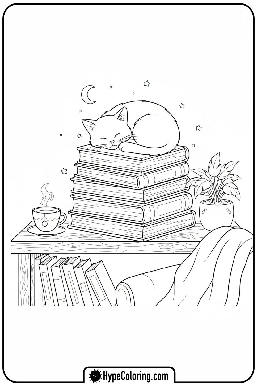 Click to download PDF cat-sleeping-on-books - cat coloring pages