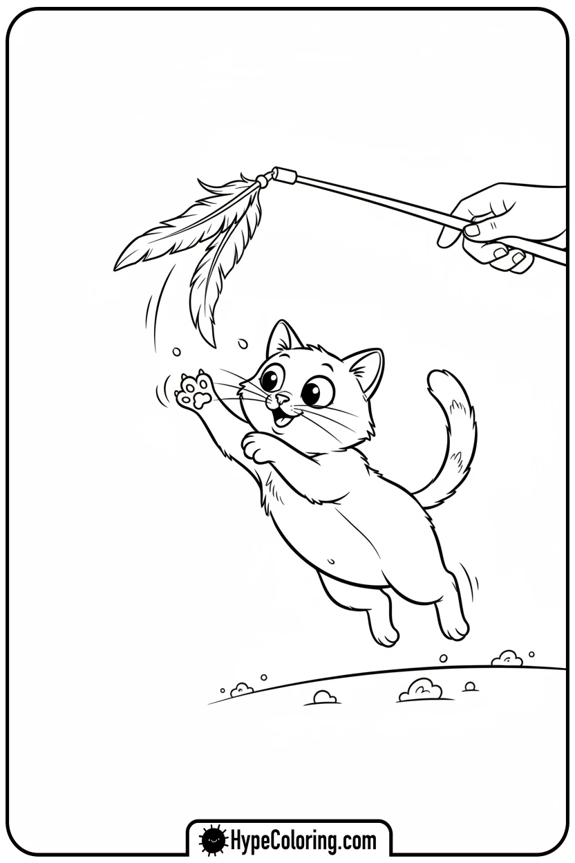 Click to download PDF cat-playing-with-feather - cat coloring pages