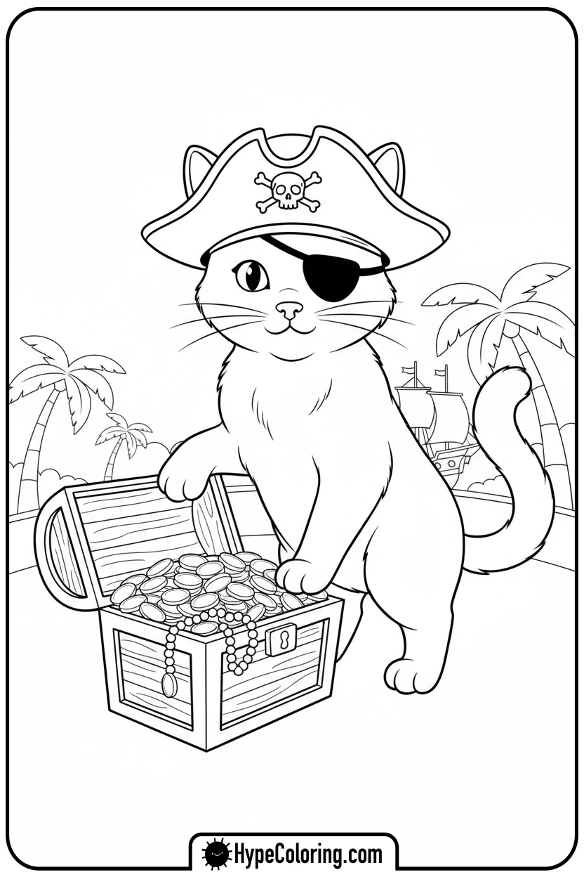 Click to download PDF pirate-cat-with-treasure - cat coloring pages