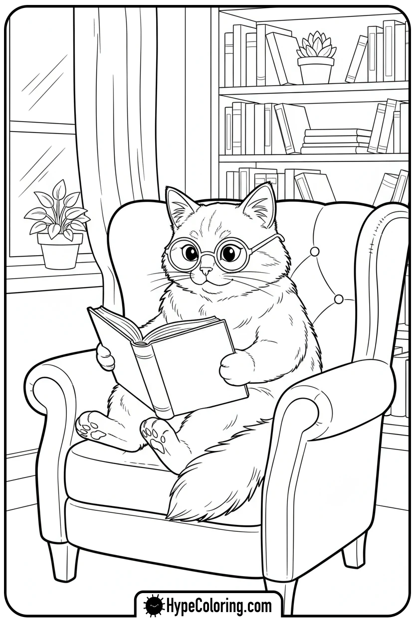 Click to download PDF cat-reading-a-book - cat coloring pages