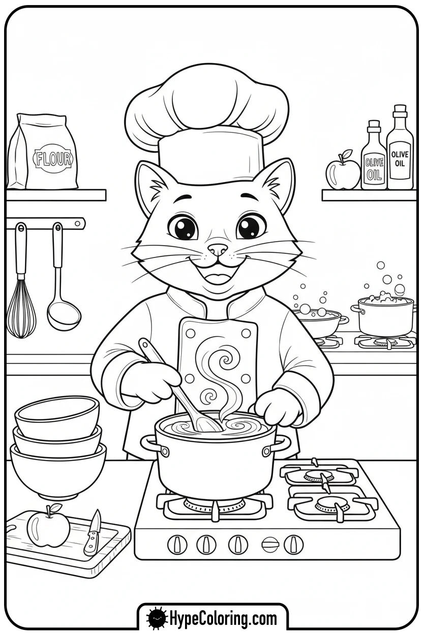 Click to download PDF chef-cat-cooking - cat coloring pages