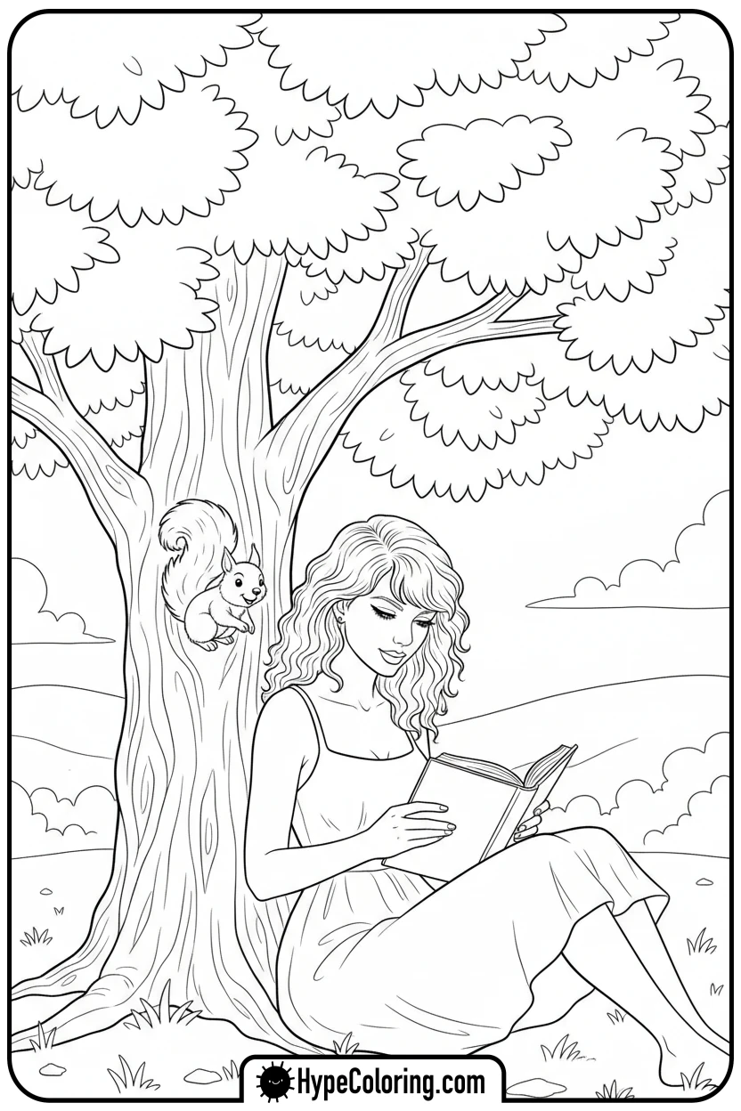 taylor-swift-reading-under-tree - taylor swift coloring pages