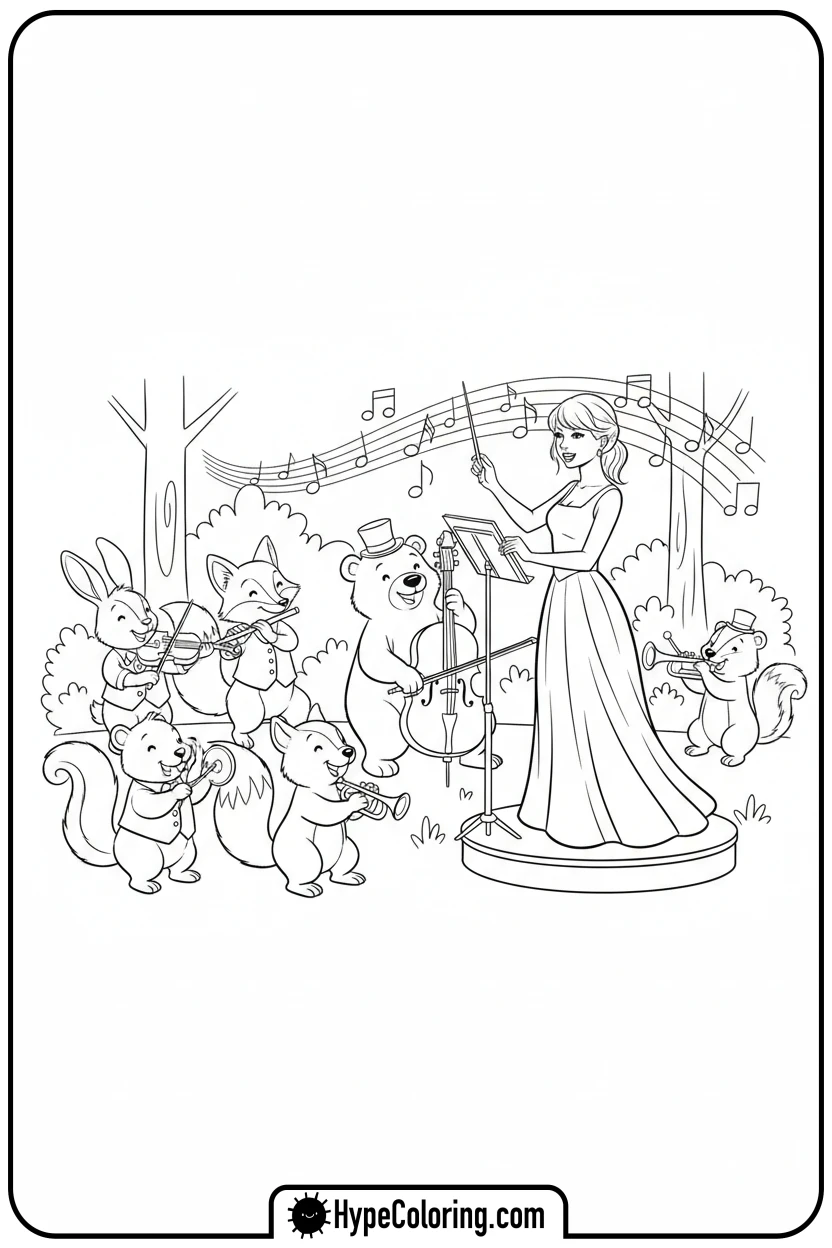 taylor-swift-conducting-animal-orchestra - taylor swift coloring pages