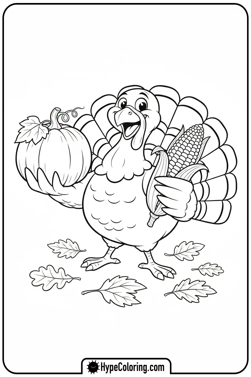 turkey-with-pumpkin-and-corn - turkey coloring page