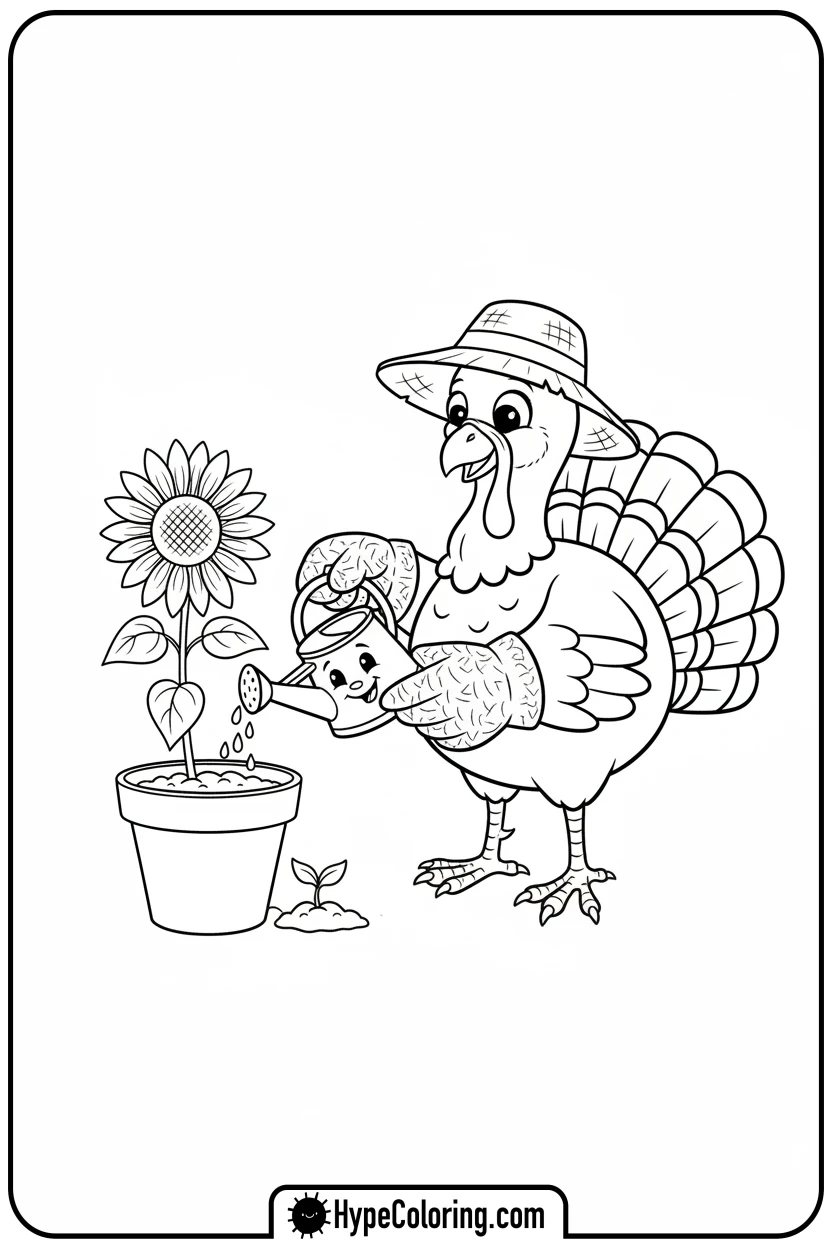 turkey-watering-a-flower - turkey coloring page