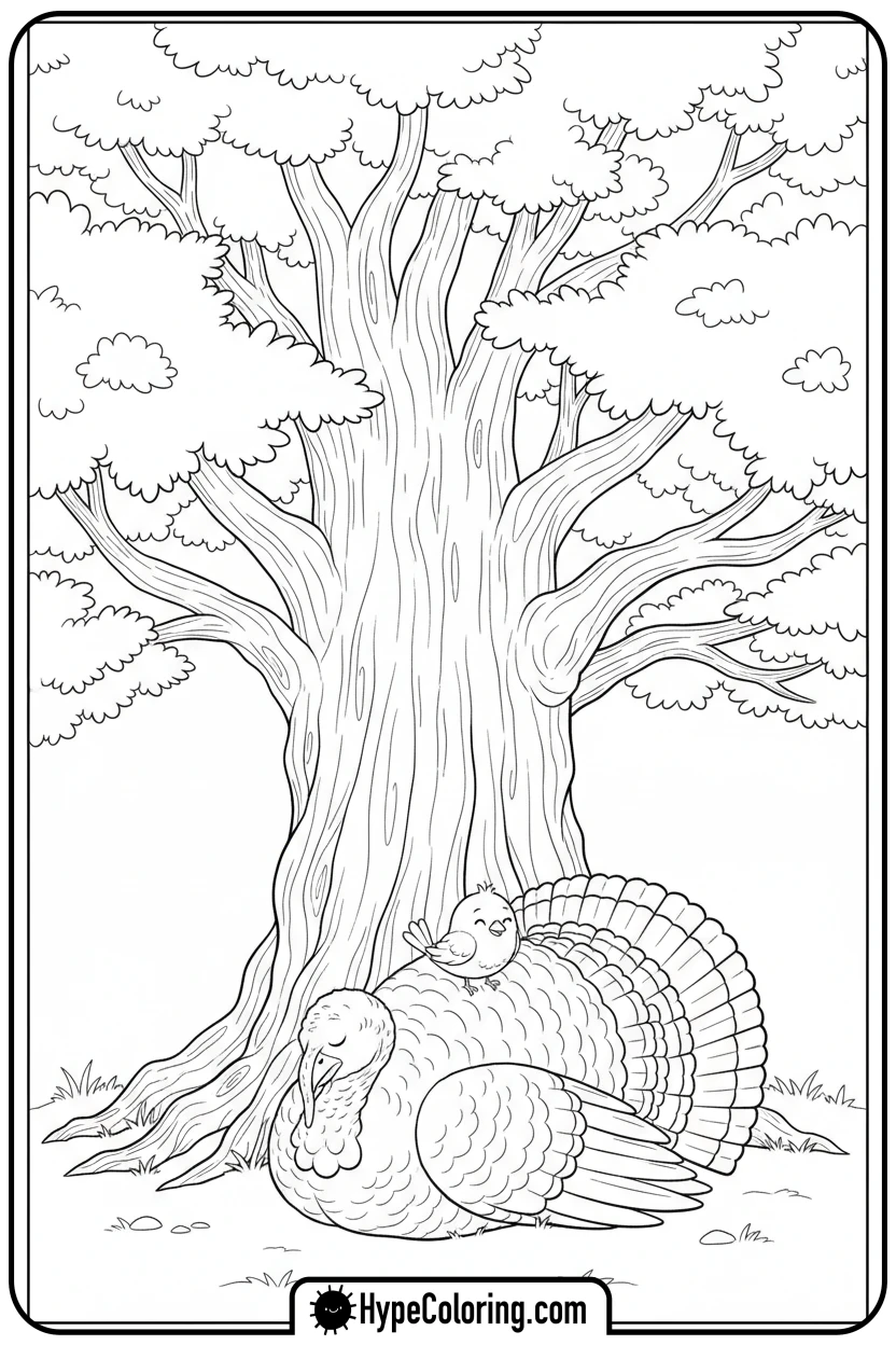 sleeping-turkey-under-tree - turkey coloring page