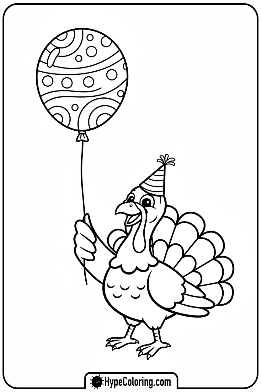 turkey-with-party-hat-and-balloon - turkey coloring page