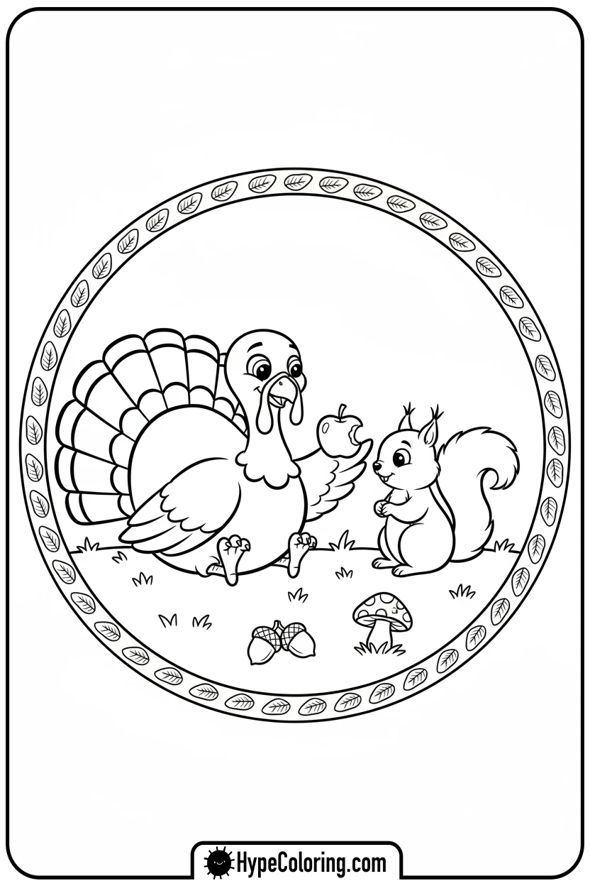 turkey-sharing-apple-with-squirrel - turkey coloring page