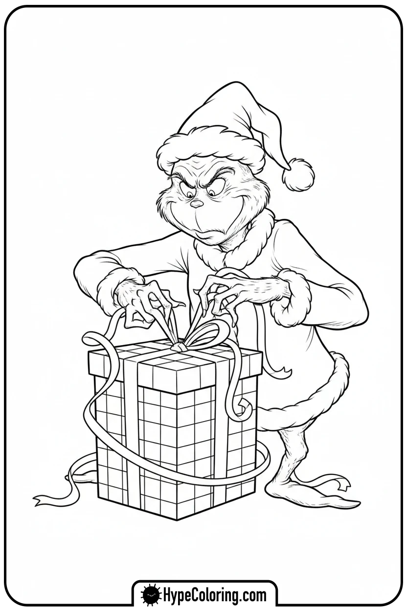 grinch-tying-present - grinch coloring page