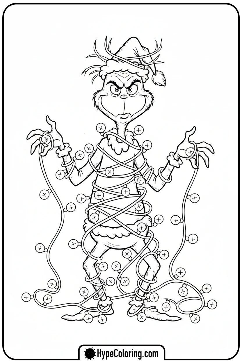 grinch-tangled-in-lights - grinch coloring page