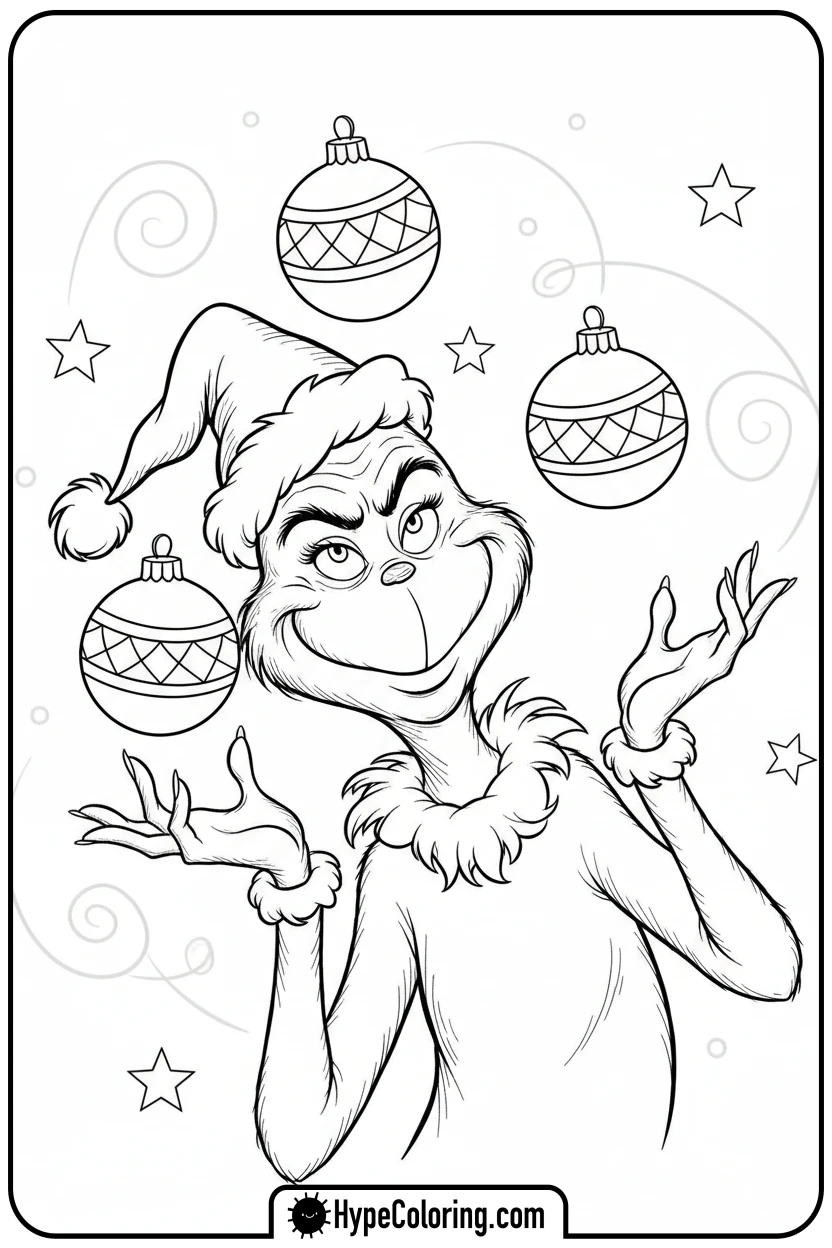 grinch-juggling-ornaments - grinch coloring page