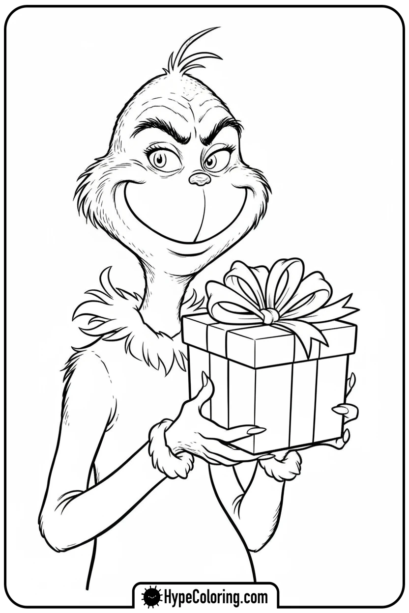grinch-with-gift-and-grin - grinch coloring page