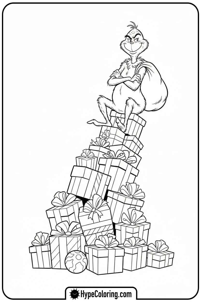 grinch-on-present-pile - grinch coloring page