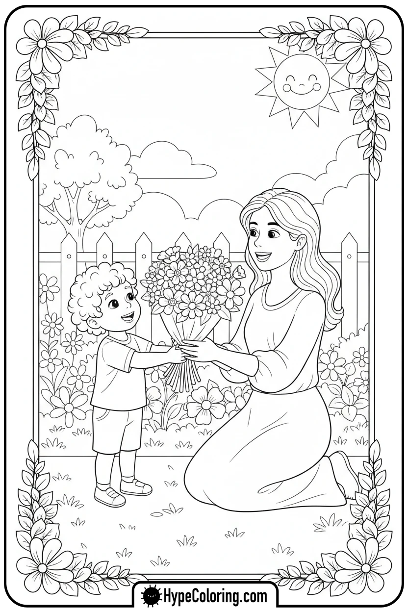 Click to download PDF child-giving-mother-flowers - happy mothers day coloring pages