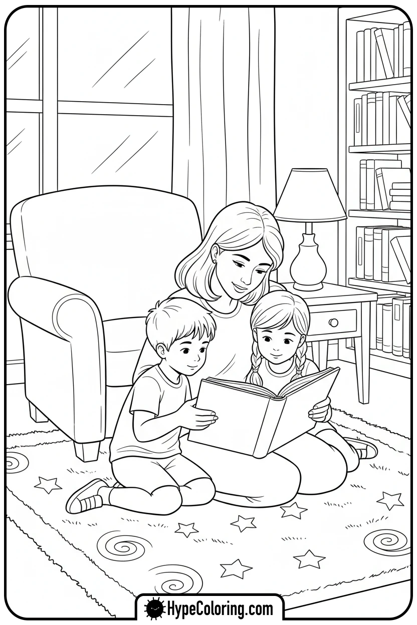 Click to download PDF mother-reading-to-children - happy mothers day coloring pages