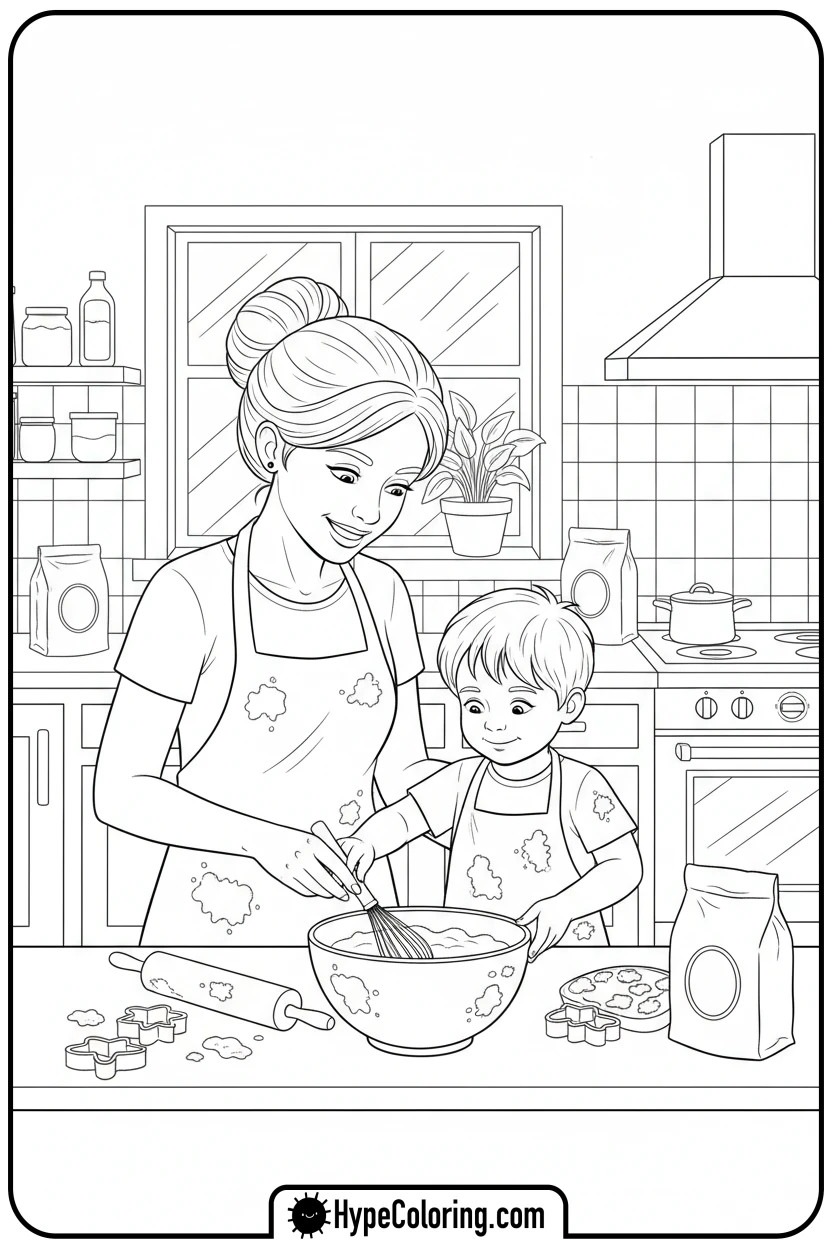 Click to download PDF mother-and-child-baking - happy mothers day coloring pages
