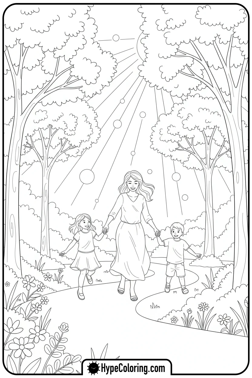 Click to download PDF mother-and-children-skipping - happy mothers day coloring pages