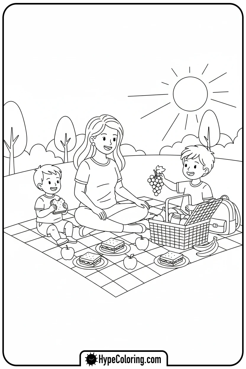 Click to download PDF mother-and-children-picnic - happy mothers day coloring pages