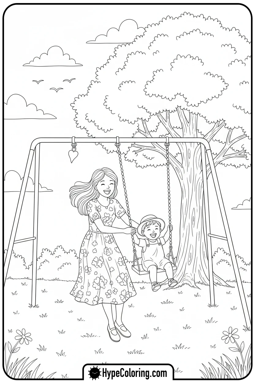 Click to download PDF mother-pushing-child-on-swing - happy mothers day coloring pages