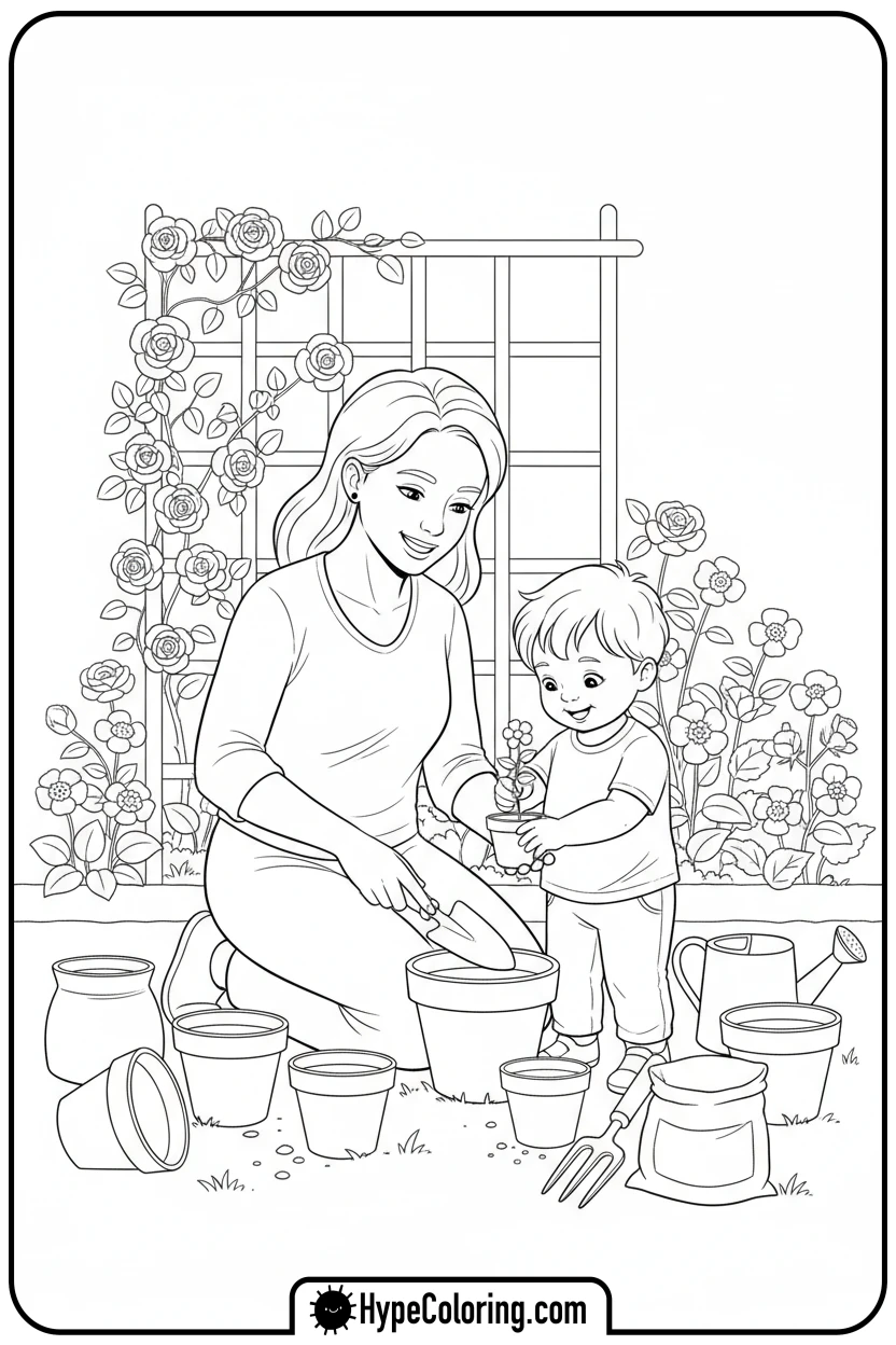 Click to download PDF mother-and-child-gardening - happy mothers day coloring pages