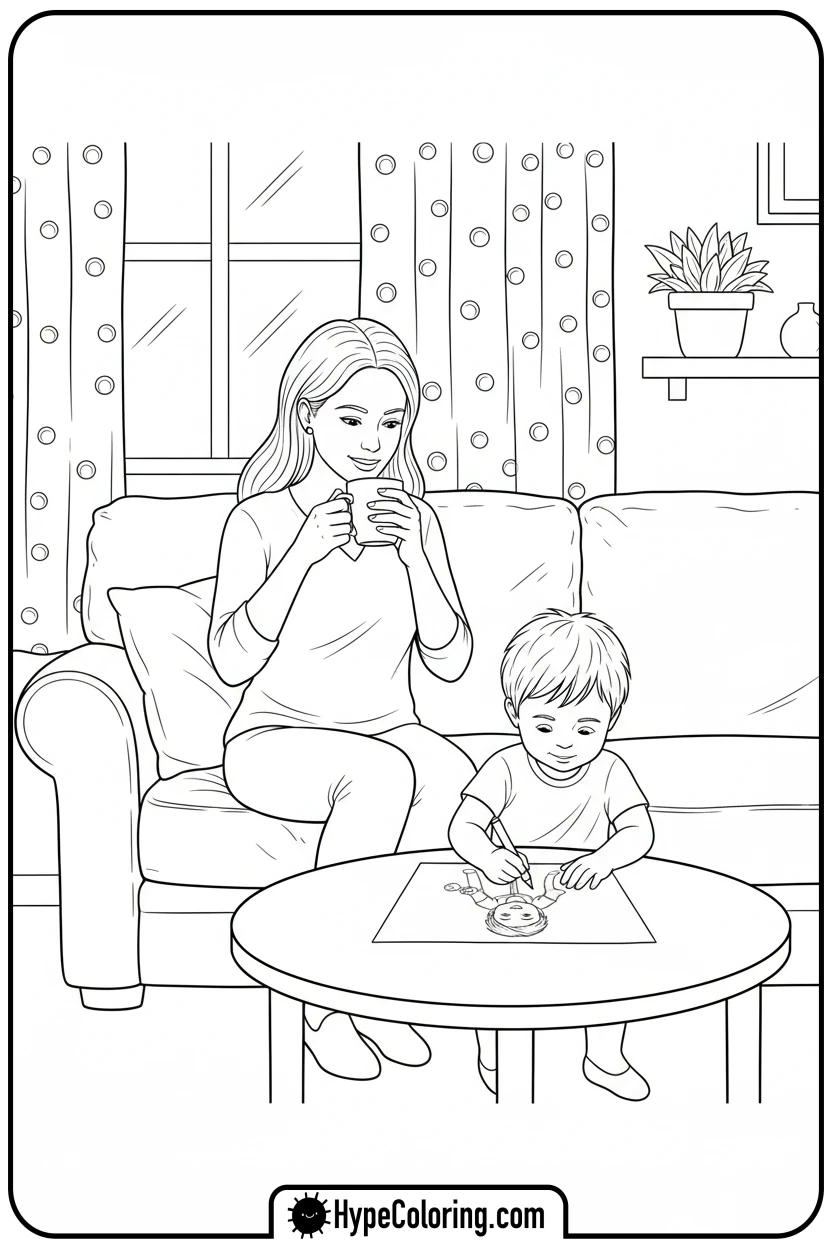 Click to download PDF mother-relaxing-child-drawing - happy mothers day coloring pages