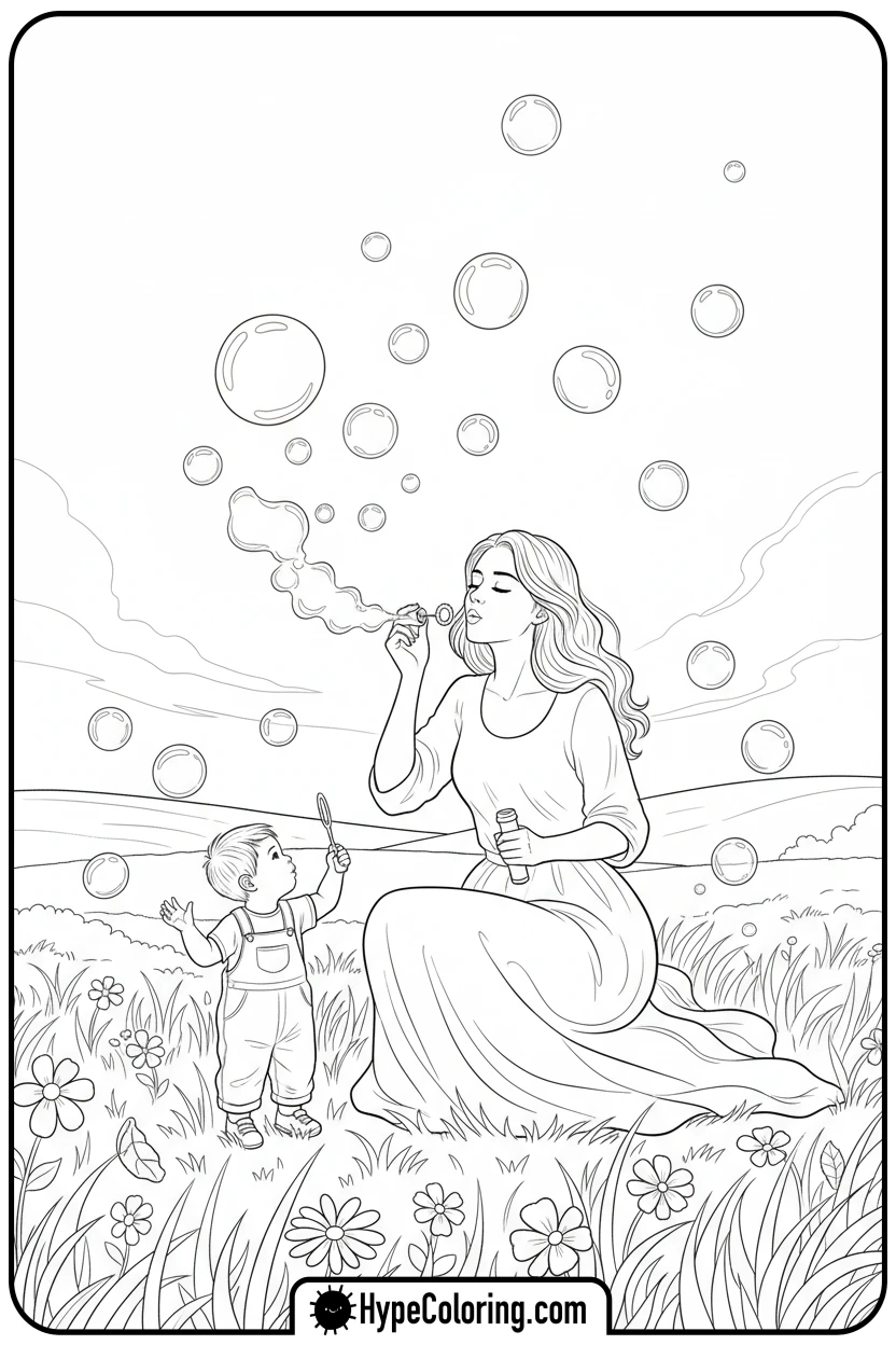 Click to download PDF mother-and-child-blowing-bubbles - happy mothers day coloring pages