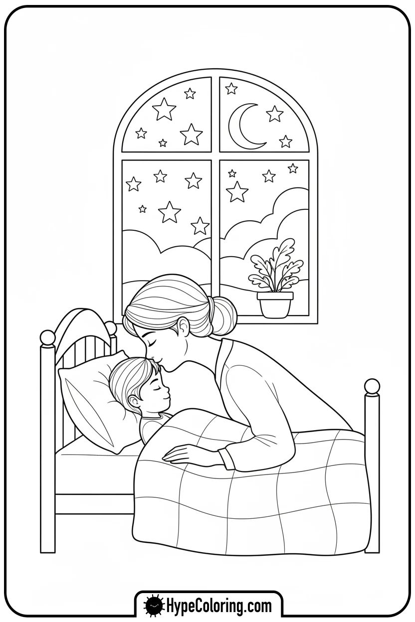 Click to download PDF mother-kissing-child-goodnight - happy mothers day coloring pages