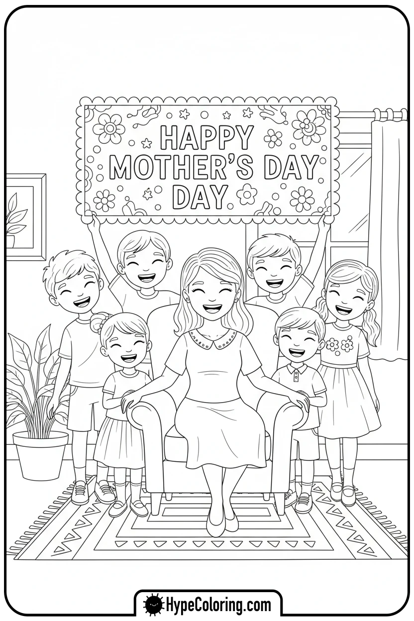 Click to download PDF children-presenting-banner-to-mother - happy mothers day coloring pages