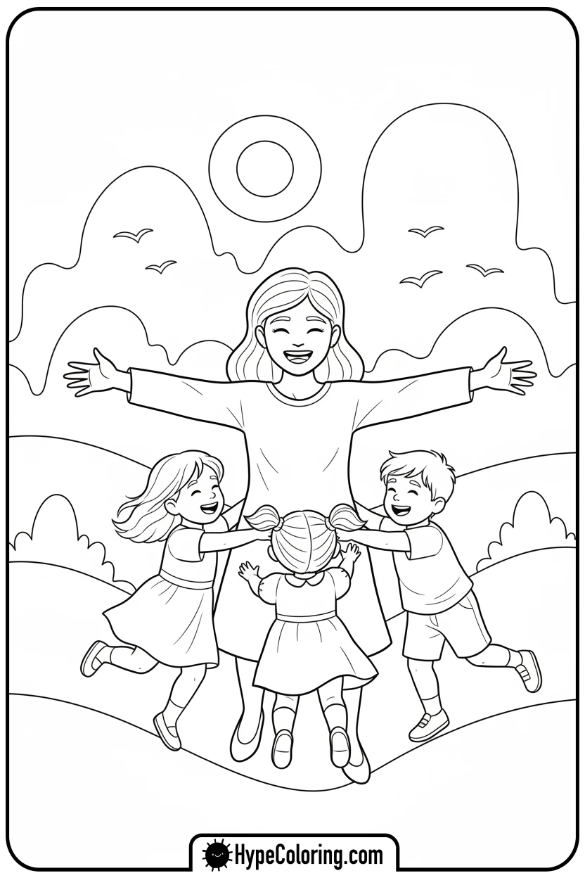 Click to download PDF mother-inviting-group-hug - happy mothers day coloring pages
